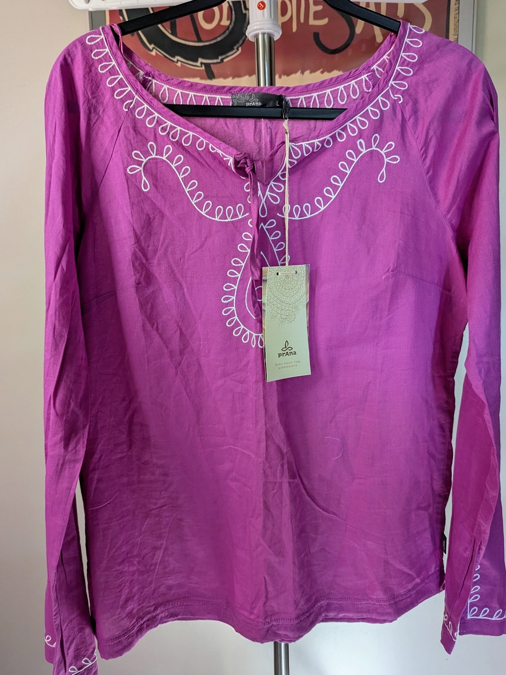 $30 Prana Size L - NWT Greta Top Orchid Pink White Embroidered Cotton Boho